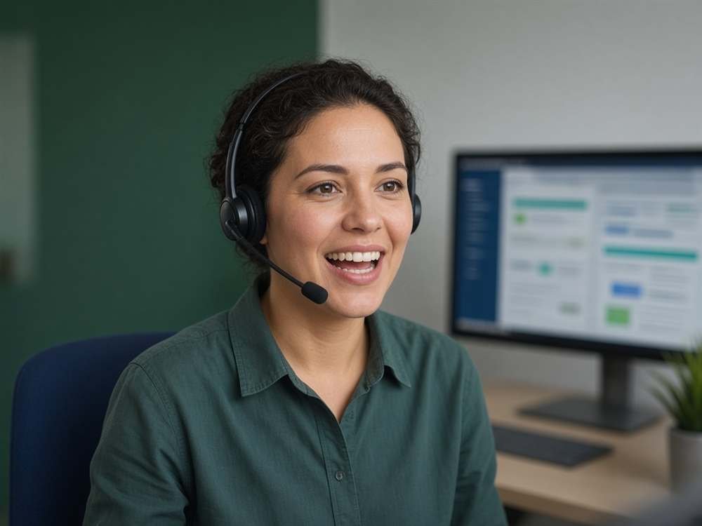 Atendente com fone de ouvido em frente ao computador